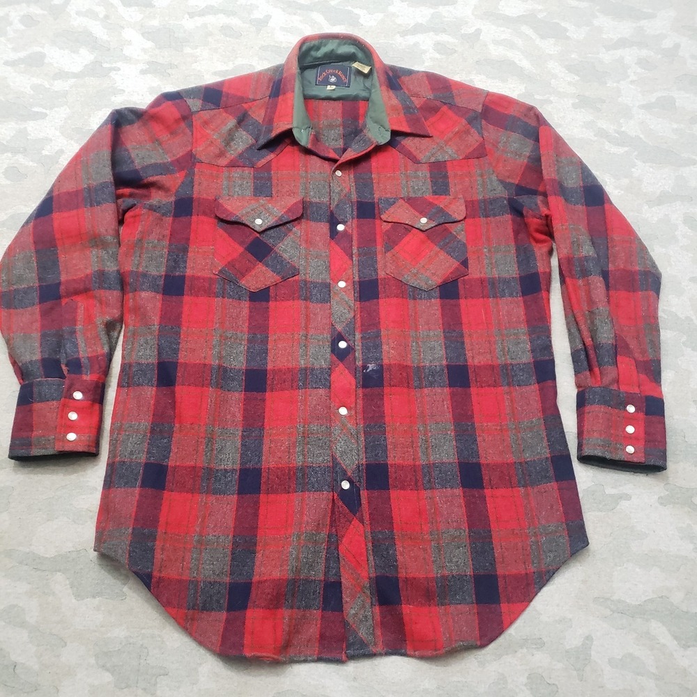 VTG Rock Creek Ranch Shirt Mens Large Red Wool Blend Pearl Snap Long Sleeve
